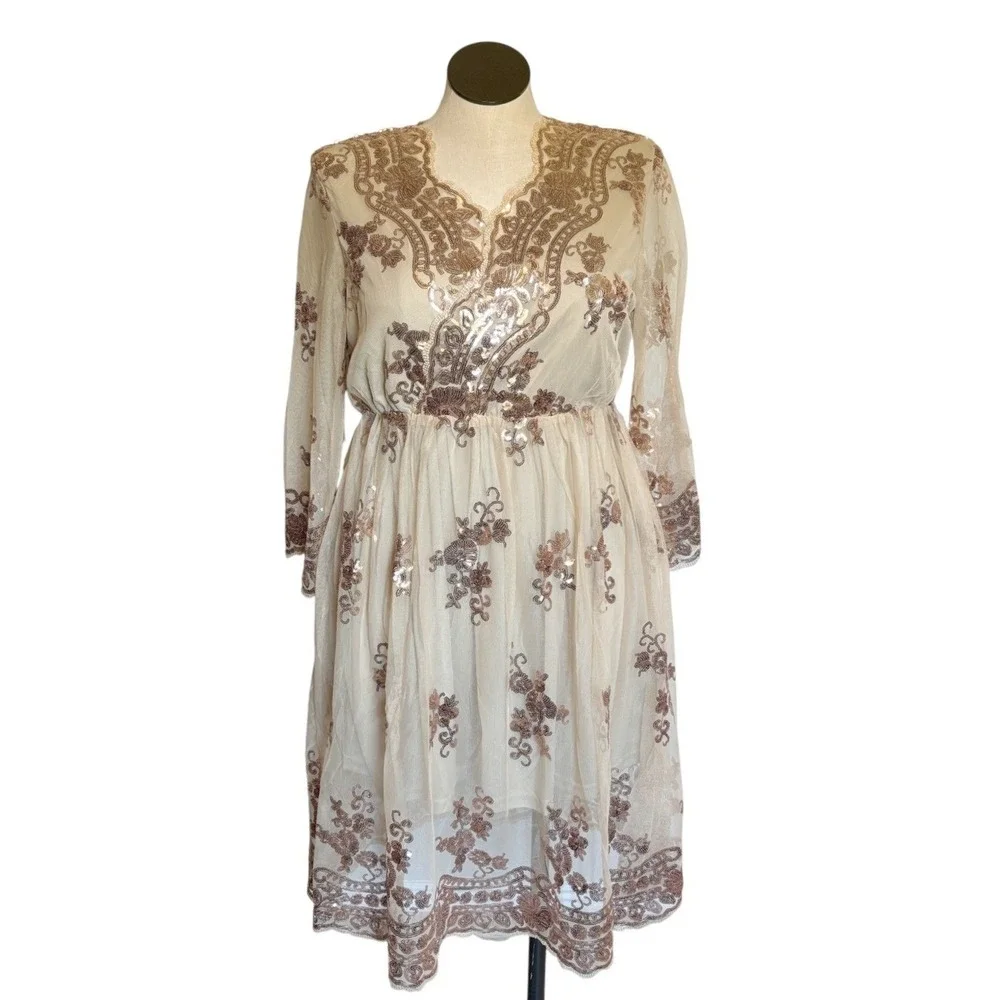 Women's Sheer Mesh Sequin Embellished V Neck Midi Dress Size 2XL Runs Smaller